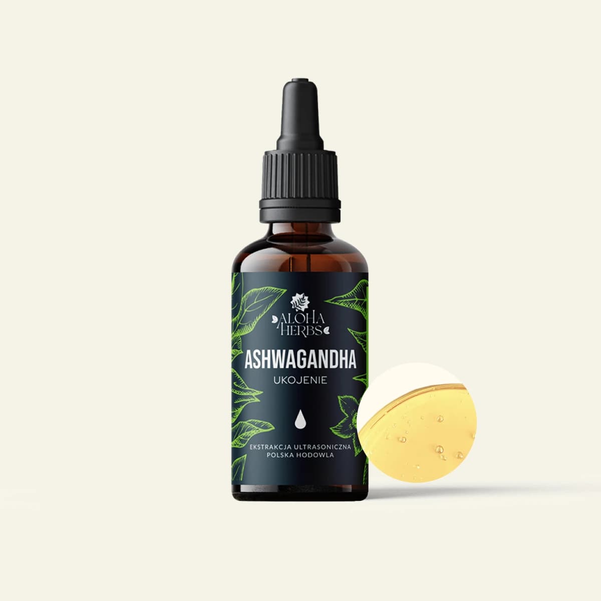 Brązowa buteleczka z kroplomierzem, etykieta Aloha Herbs Ashwagandha z motywem liści, obok kropla żółtego płynu.