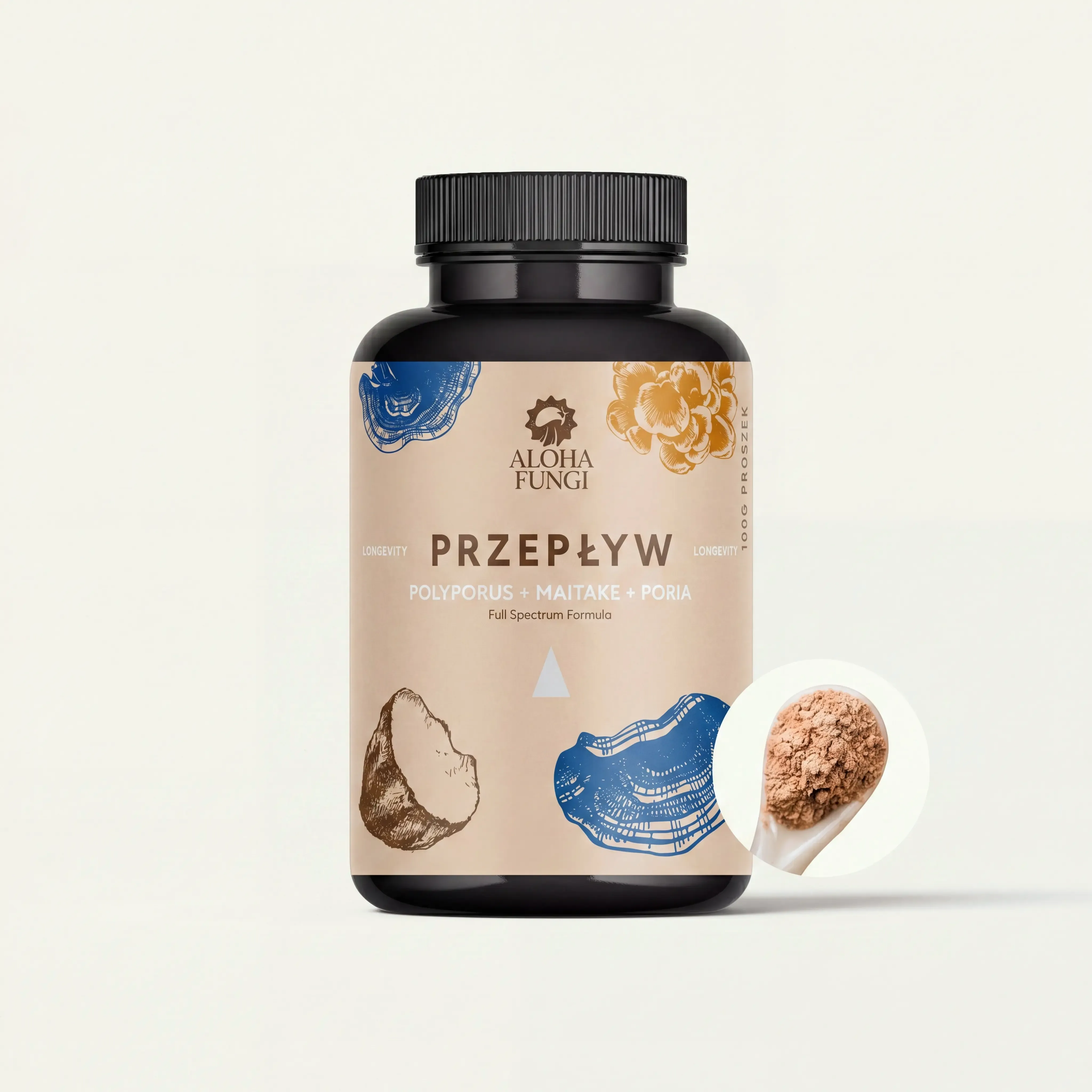 Czarny słoik proszku Aloha Fungi Przepływ (polyporus, maitake, poria) z beżową etykietą i rysunkami grzybów.