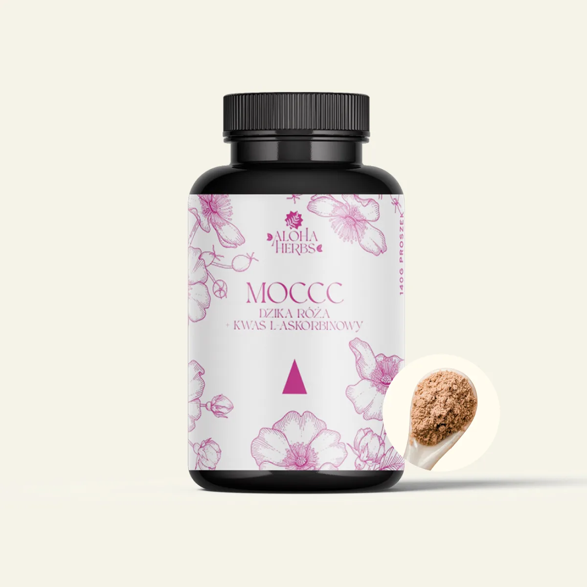 Czarny słoik proszku Aloha Herbs MOCCC (dzika róża) z białą kwiatową etykietą, obok łyżka brązowego proszku.