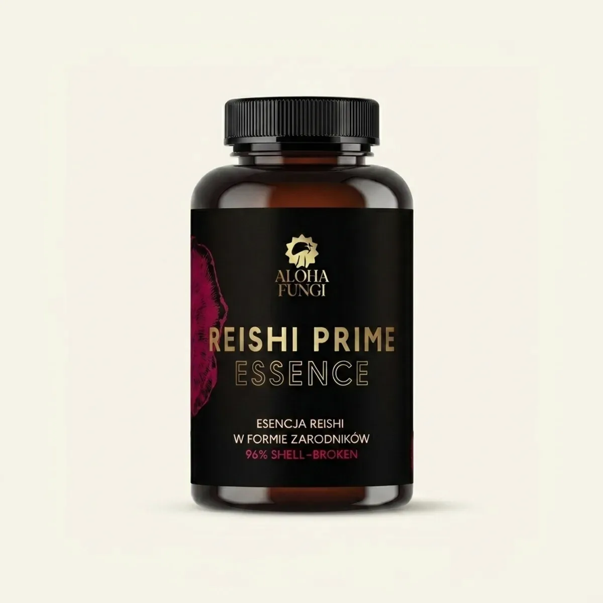 Czarny słoik Aloha Fungi Reishi Prime Essence z czarną etykietą i złotym napisem, esencja zarodników reishi.